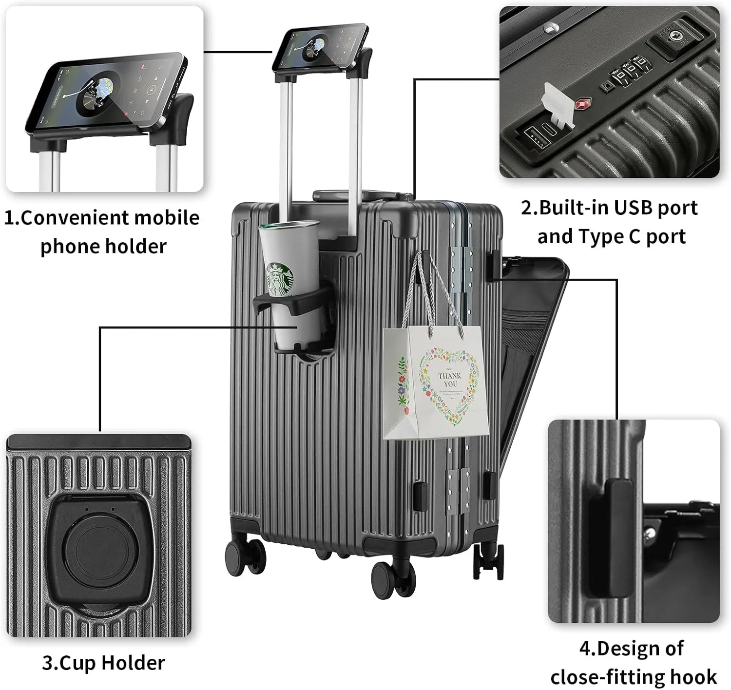 Carry - on Luggage with USB Charging Port, Front Compartment, TSA Lock - Product image 4