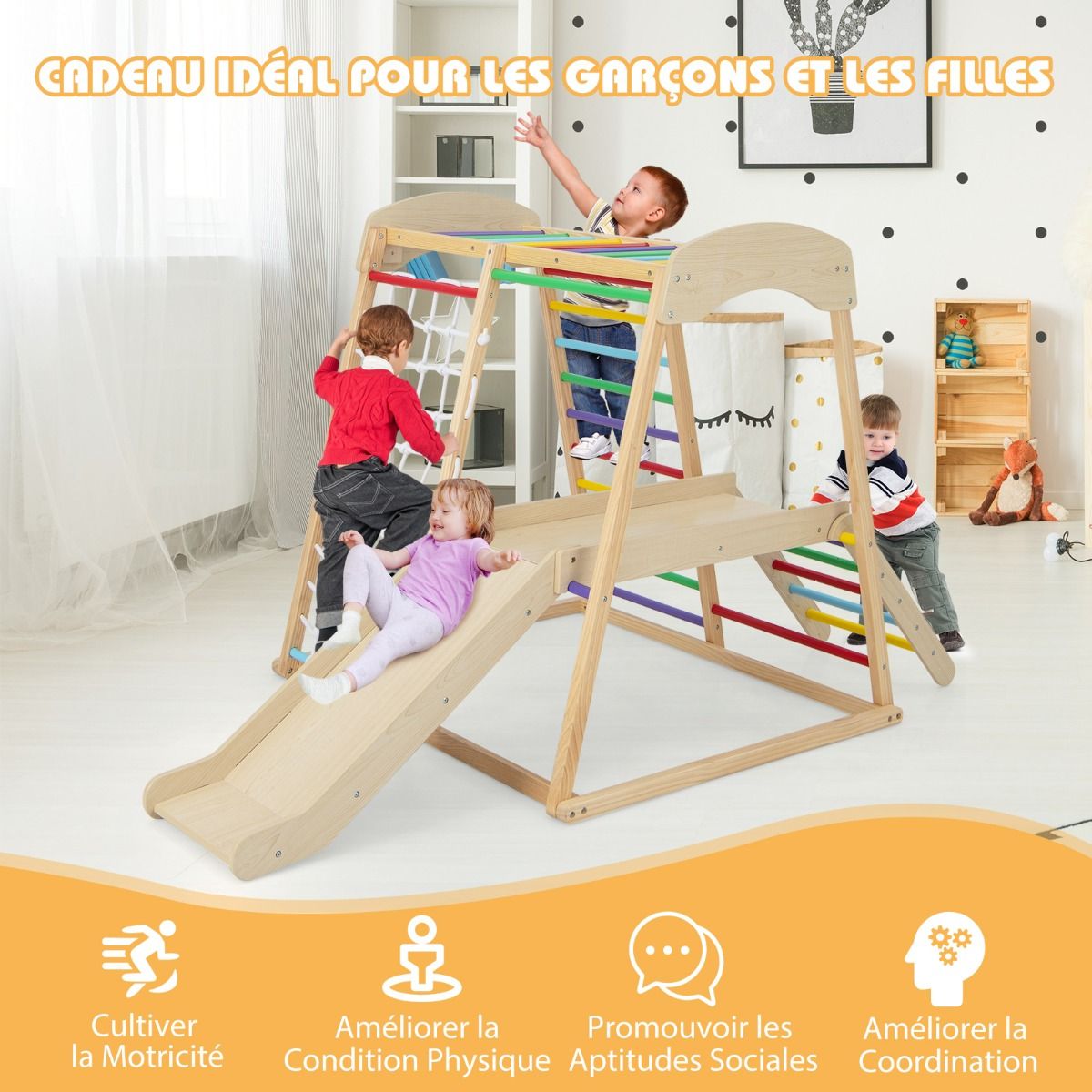 6 in 1 Wooden Climbing Triangle with Slide and Net Bar for Climbing, Crawling and Sliding 1 Year+ Colorful/Natural -