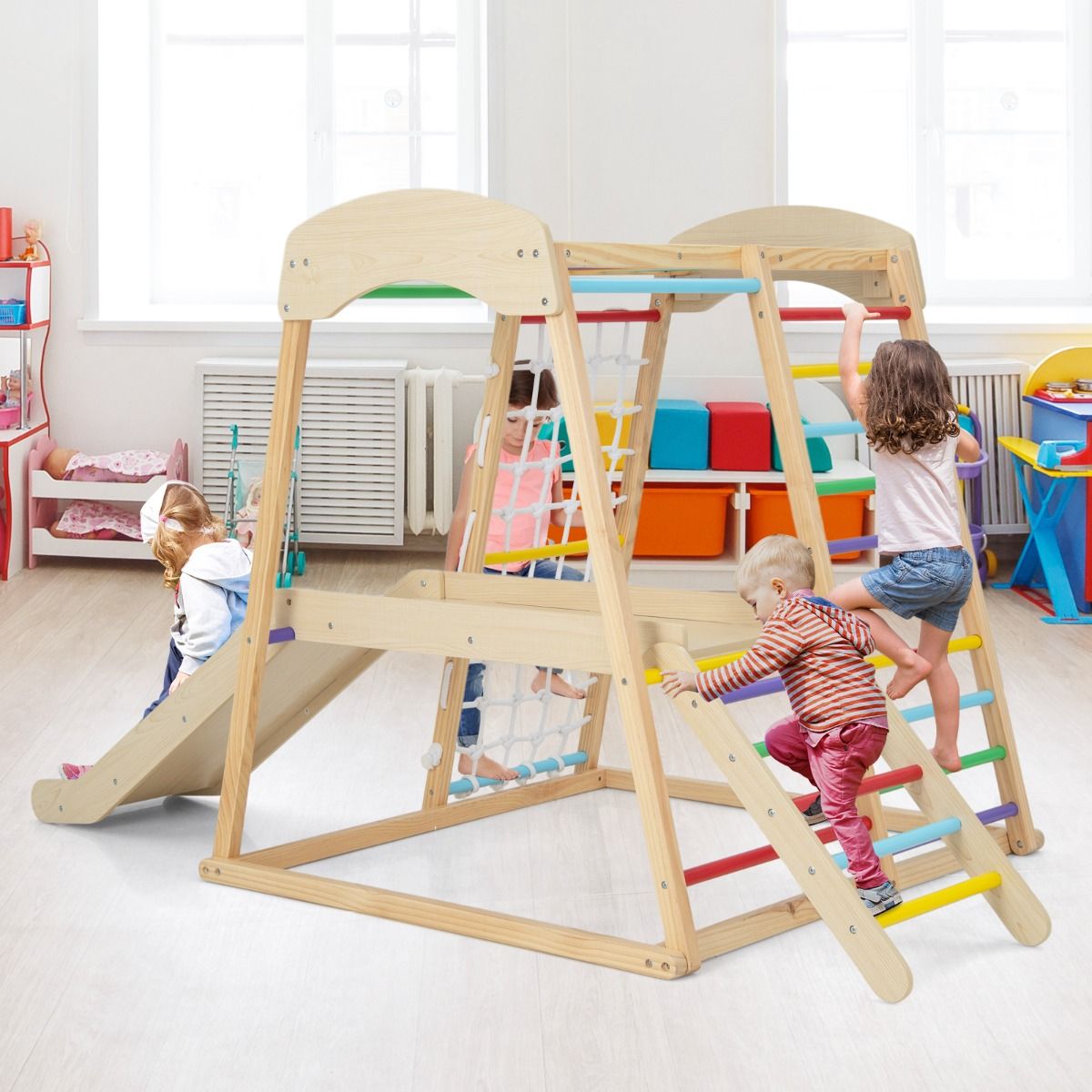 6 in 1 Wooden Climbing Triangle with Slide and Net Bar for Climbing, Crawling and Sliding 1 Year+ Colorful/Natural -
