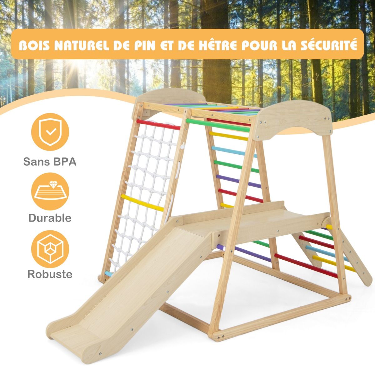6 in 1 Wooden Climbing Triangle with Slide and Net Bar for Climbing, Crawling and Sliding 1 Year+ Colorful/Natural -
