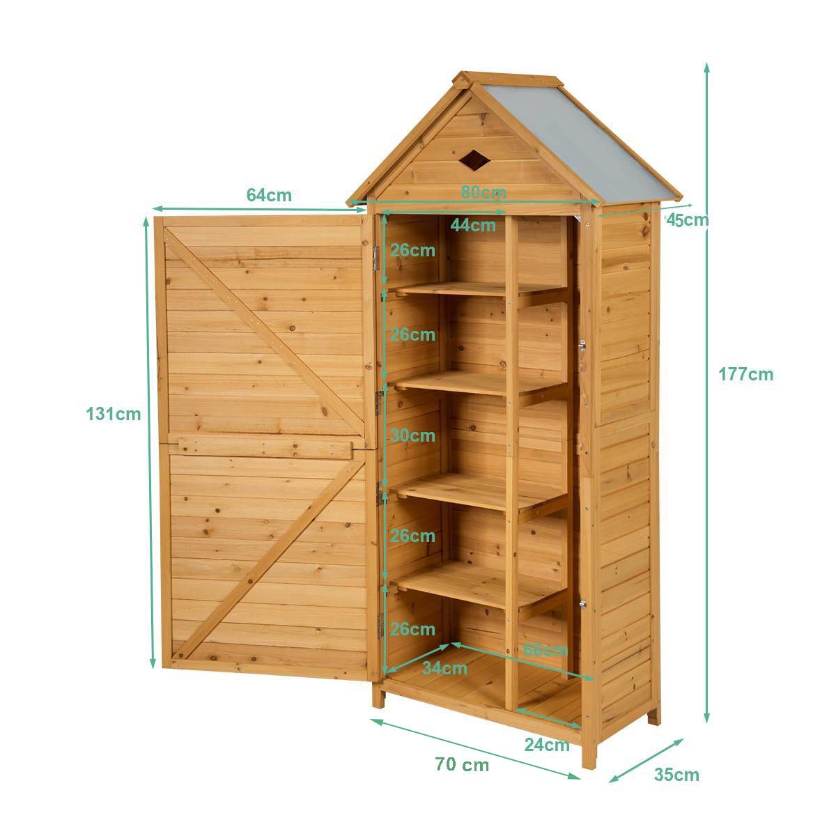 Outdoor Garden Shed with 5 Shelves Lockable Cabin in Fir Wood with Galvanized Sheet Metal Roof -