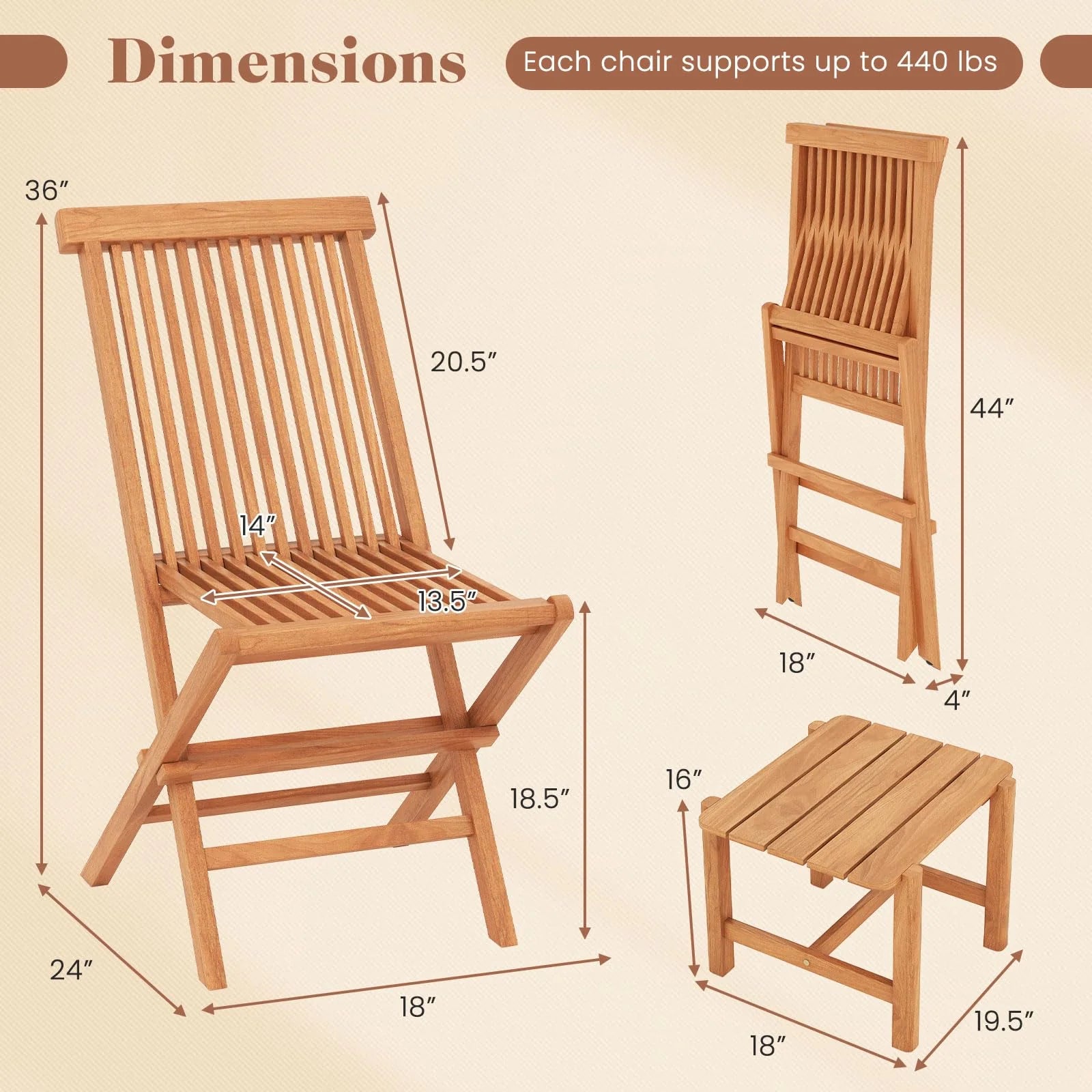 Tangkula 3 Pieces Outdoor Teak Wood Folding Patio Bistro Set - Product image 5