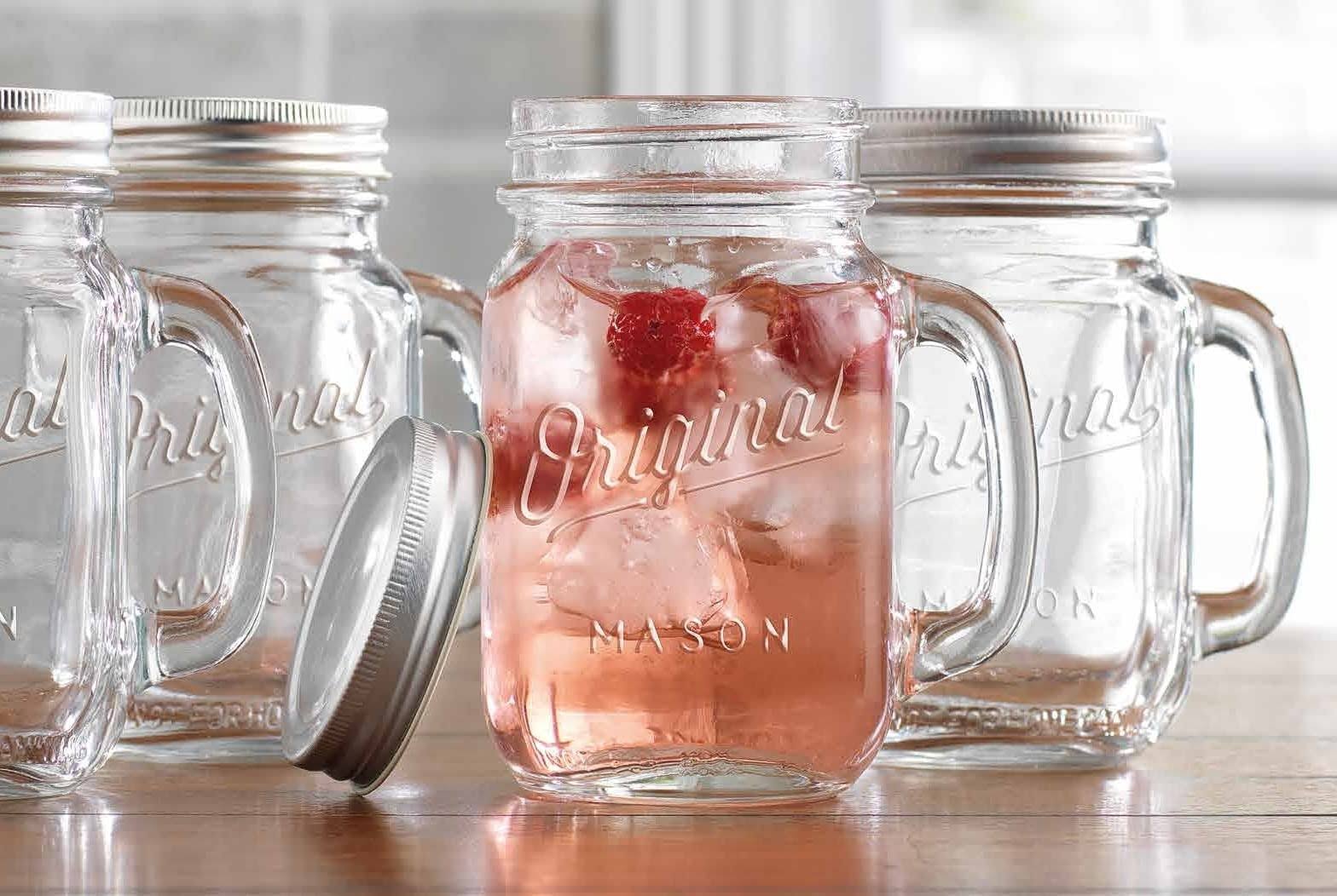Glaver's Mason Jar 16 oz Glass Mugs with Handle and Lid Set of 4 - Home Essentials Beyond - Old Fashioned Drinking Glass Bottles Origina