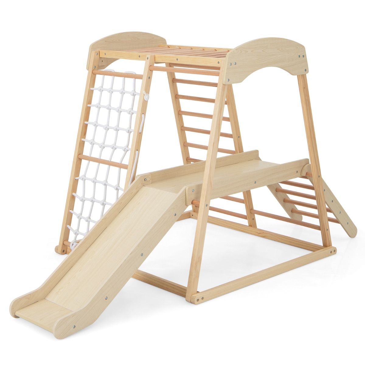 6 in 1 Wooden Climbing Triangle with Slide and Net Bar for Climbing, Crawling and Sliding 1 Year+ Colorful/Natural -