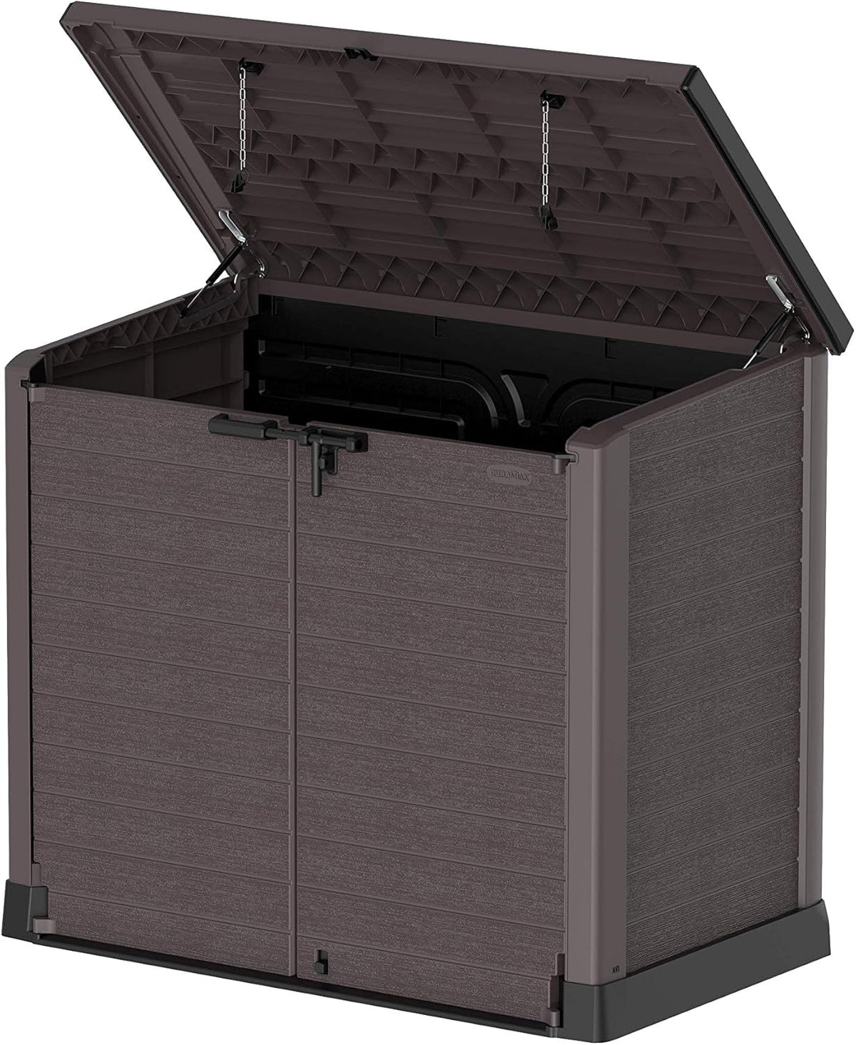 Duramax StoreAway 1200L Plastic Garden Shed/ Flat Lid,Outdoor Storage Shed,Wheelie Bin Hideaways,Wheelie bin box,Durable Construction,Ideal for Bikes,BBQs & 2x 240L Bins,145x85x125 cm,Brown