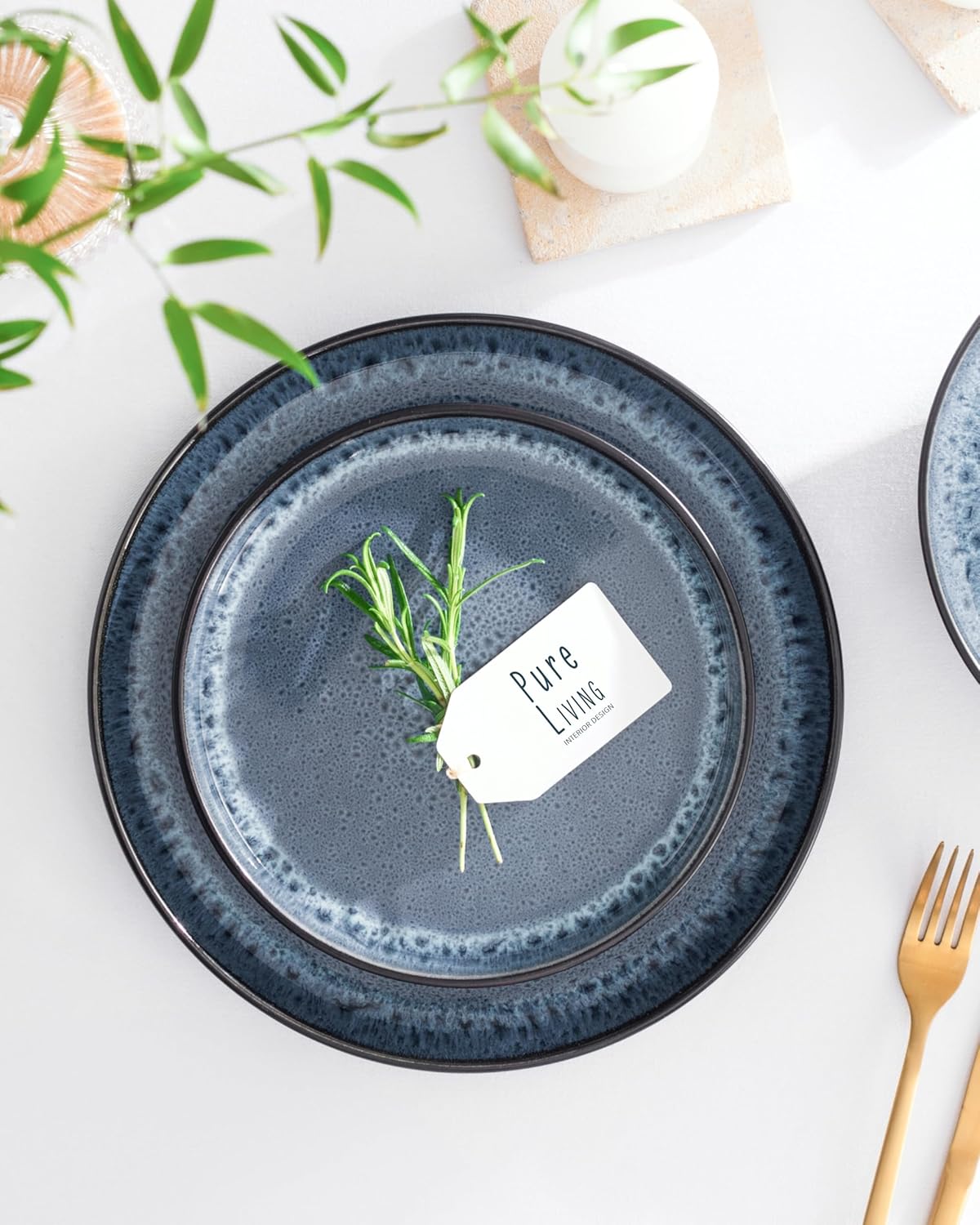 Ibiza Stoneware Dinnerware Set 36 Pieces – Dinnerware Set for 12 People, Dishwasher and Microwave Safe, Pure Living Smoked Blue, Dinner Service Plates
