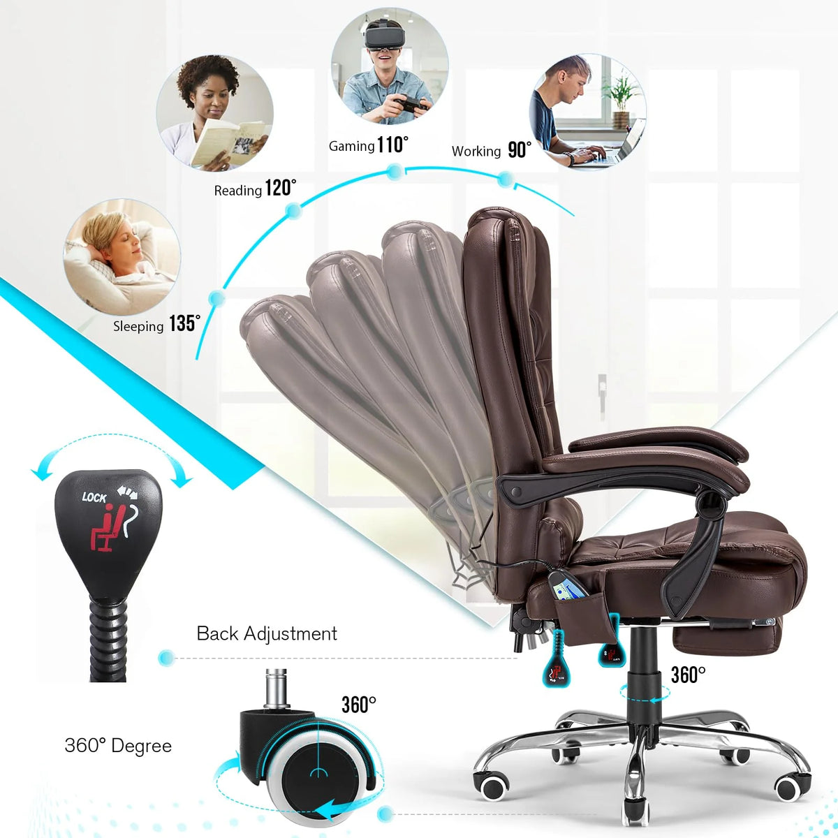 AECOJOY Office Chair with 7 Points Vibration Massage&Heat Functions, Brown Leather with Footrest - Product image 7