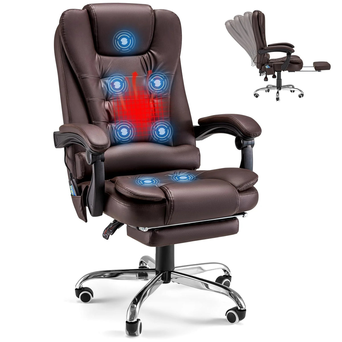 AECOJOY Office Chair with 7 Points Vibration Massage&Heat Functions, Brown Leather with Footrest - Product image 1