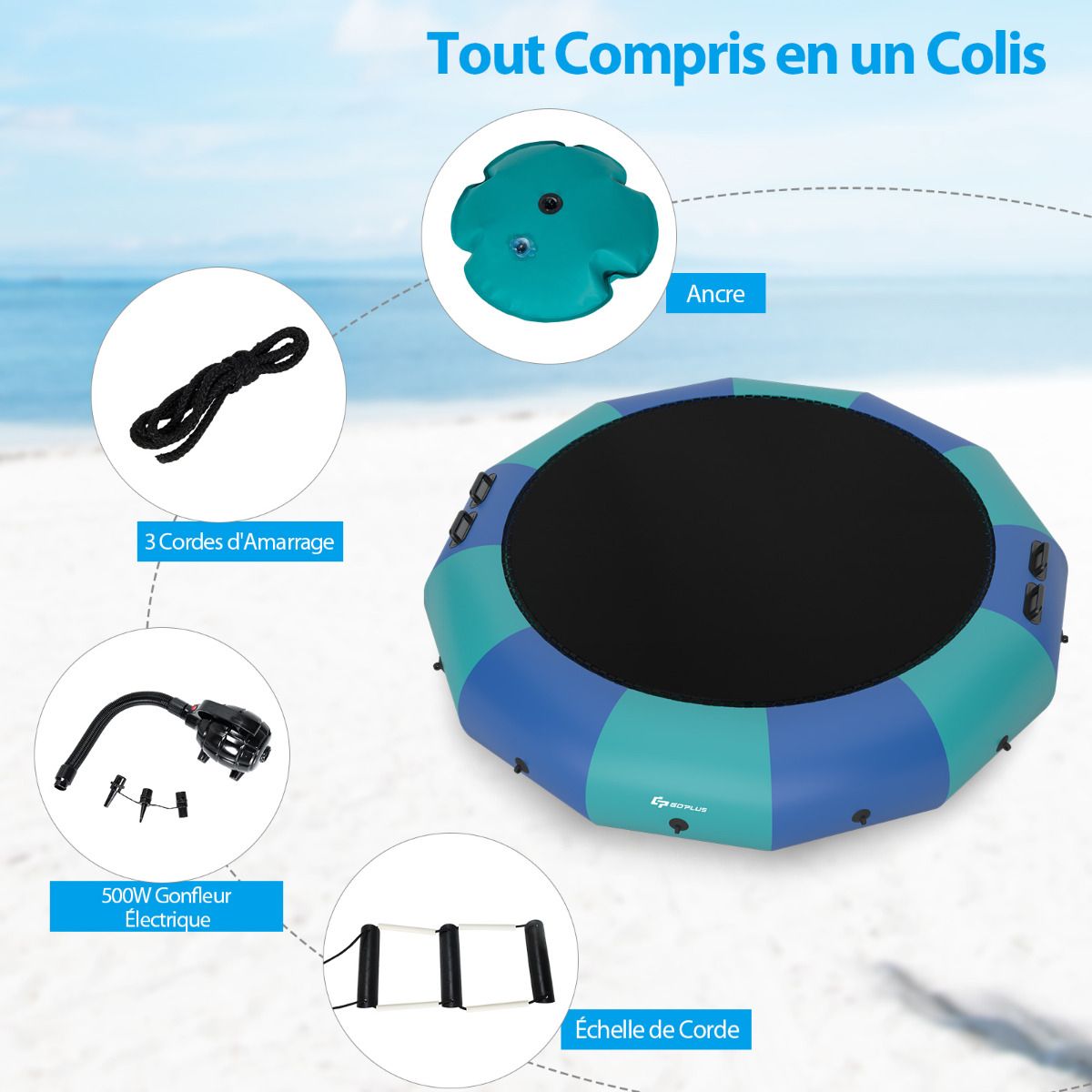 Inflatable Water Trampoline Dia.457cm Capacity of 150kg with Ladder Repair Kit and 500w Electric Inflator Blue -