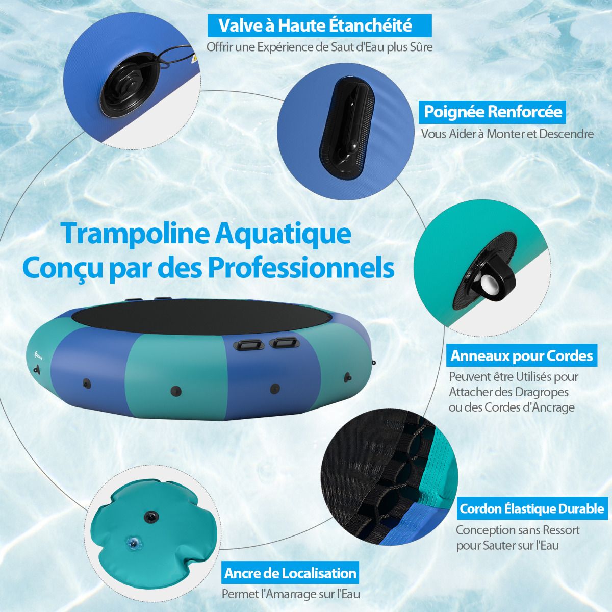Inflatable Water Trampoline Dia.457cm Capacity of 150kg with Ladder Repair Kit and 500w Electric Inflator Blue -