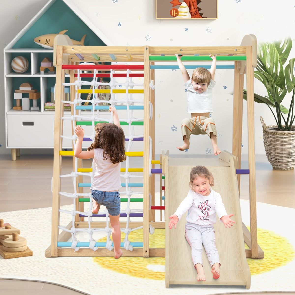 6 in 1 Wooden Climbing Triangle with Slide and Net Bar for Climbing, Crawling and Sliding 1 Year+ Colorful/Natural -