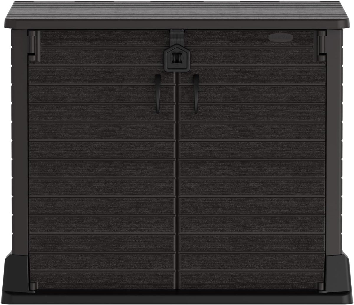 Duramax StoreAway 1200L Plastic Garden Shed/ Flat Lid,Outdoor Storage Shed,Wheelie Bin Hideaways,Wheelie bin box,Durable Construction,Ideal for Bikes,BBQs & 2x 240L Bins,145x85x125 cm,Brown