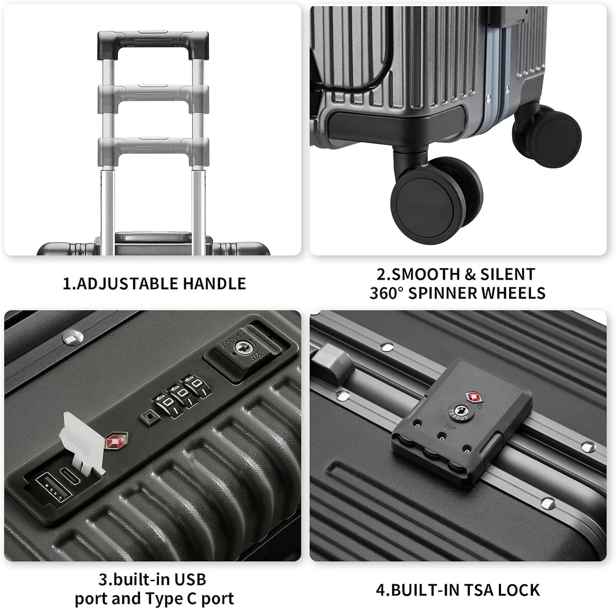Carry - on Luggage with USB Charging Port, Front Compartment, TSA Lock - Product image 6