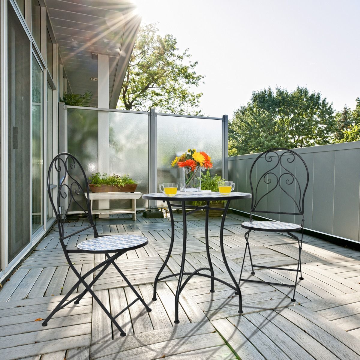 Set of Table and 2 Folding Bistro Chairs for 2 People Design Mosaic Tiles Glued on Cement for Terrace -