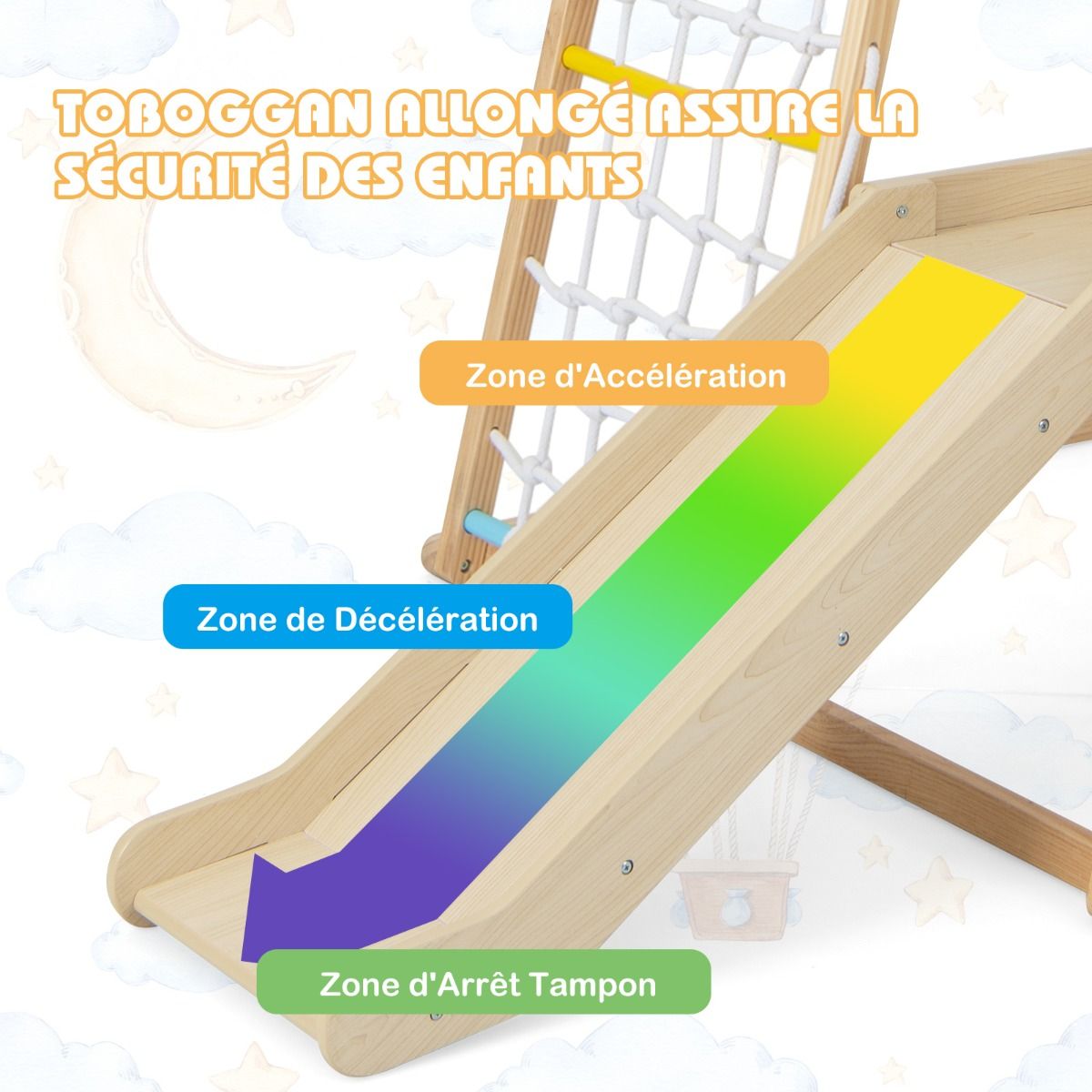 6 in 1 Wooden Climbing Triangle with Slide and Net Bar for Climbing, Crawling and Sliding 1 Year+ Colorful/Natural -