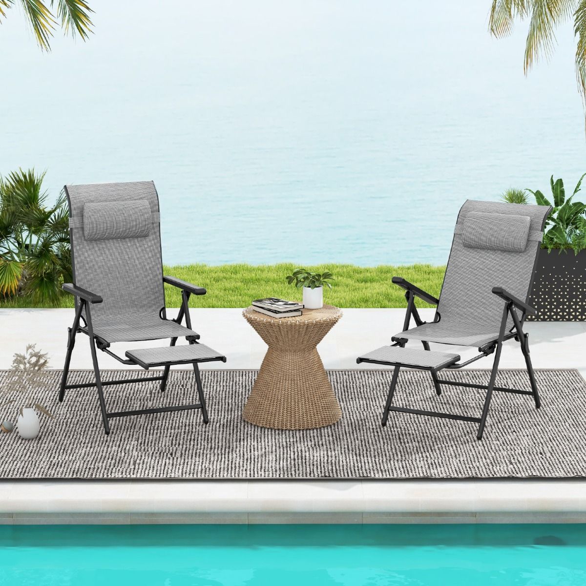 Set of 2 Folding and Reclining Lounge Chairs Adjustable Backrests and Armrests at 10 Levels Retractable Footrest Capacity 150 Kg Gray -