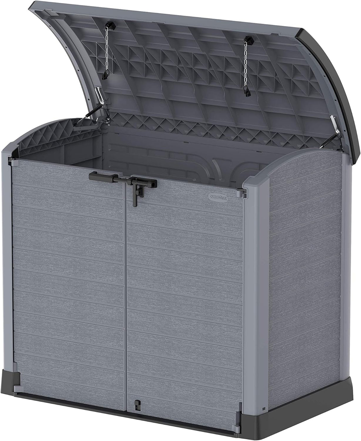 Duramax StoreAway 1200L Plastic Garden Shed/ Flat Lid,Outdoor Storage Shed,Wheelie Bin Hideaways,Wheelie bin box,Durable Construction,Ideal for Bikes,BBQs & 2x 240L Bins,145x85x125 cm,Brown