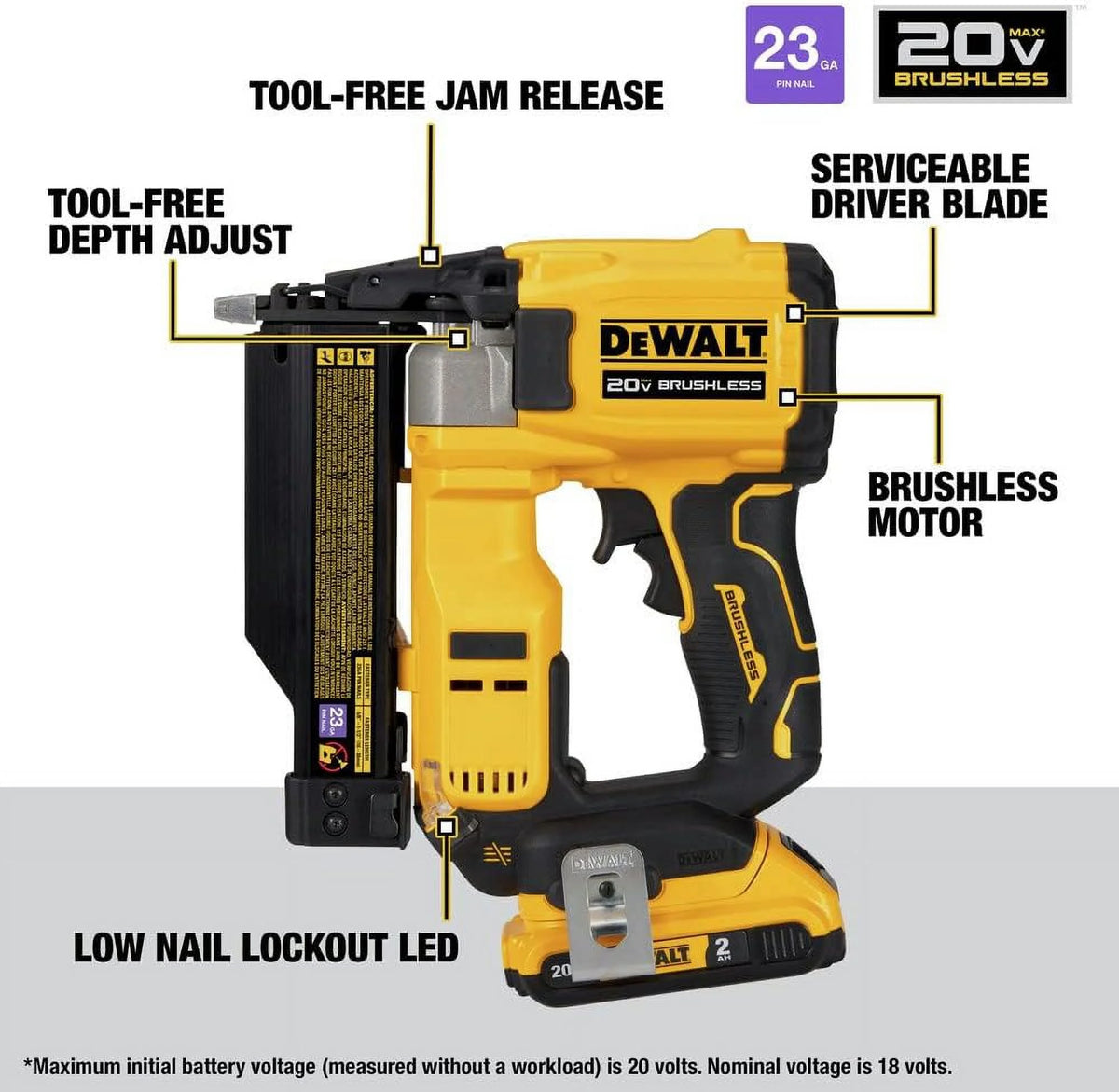 Dewalt DCN623D1 20 - Volt MAX Atomic Compact Cordless Pin Nailer Kit, Brushless Motor, 23 Gauge, Battery - Product image 4