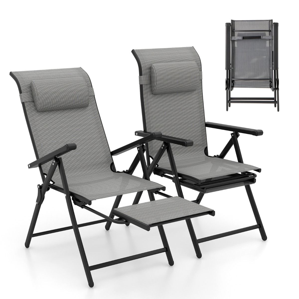 Set of 2 Folding and Reclining Lounge Chairs Adjustable Backrests and Armrests at 10 Levels Retractable Footrest Capacity 150 Kg Gray -