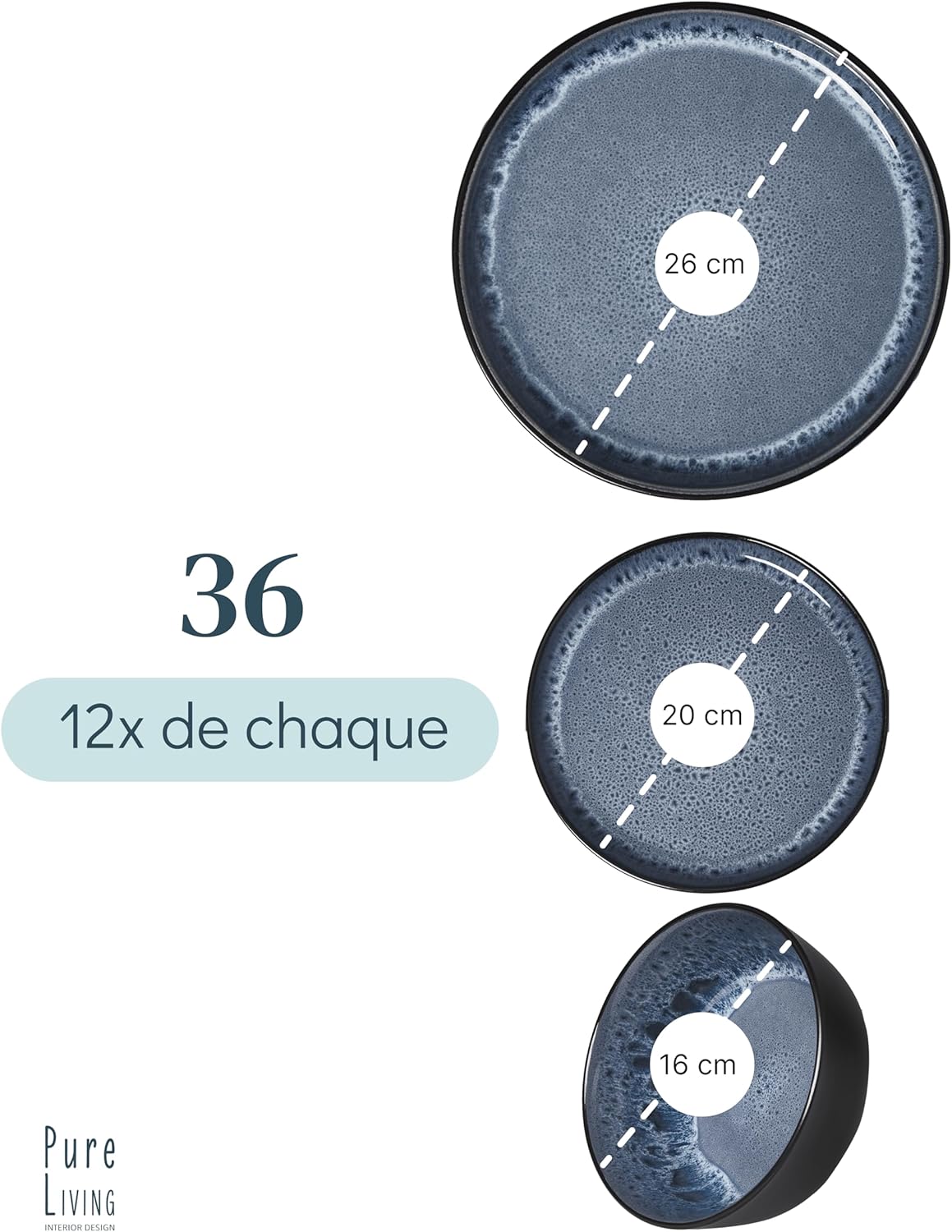 Ibiza Stoneware Dinnerware Set 36 Pieces – Dinnerware Set for 12 People, Dishwasher and Microwave Safe, Pure Living Smoked Blue, Dinner Service Plates