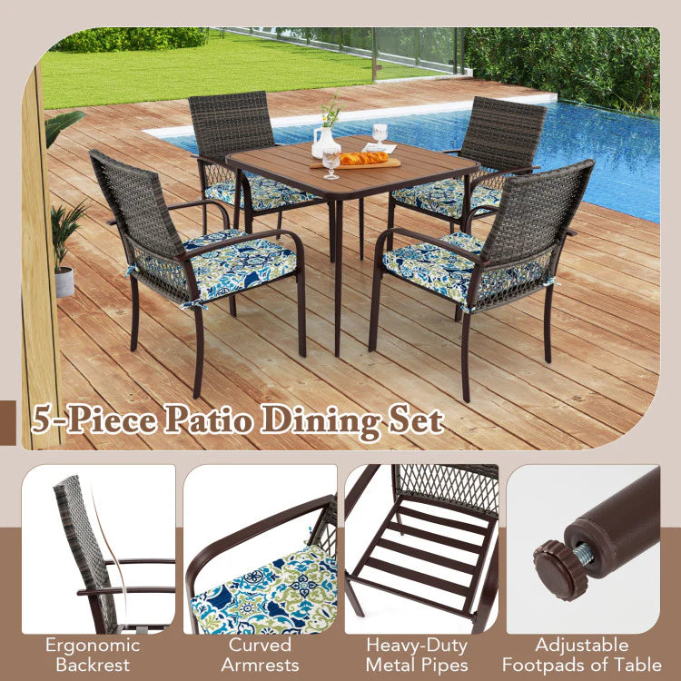 5 Pieces Patio Dining Set, 4 Cushioned Rattan Armchairs & Square Table with Wood-Plastic Tabletop & - Product image 11