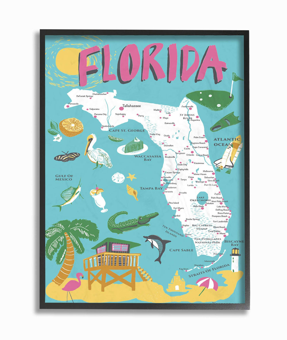 The Stupell Home Decor Collection Florida Teal Blue and Pink Illustrated scenic Map Poster Framed Giclee Texturized Art
