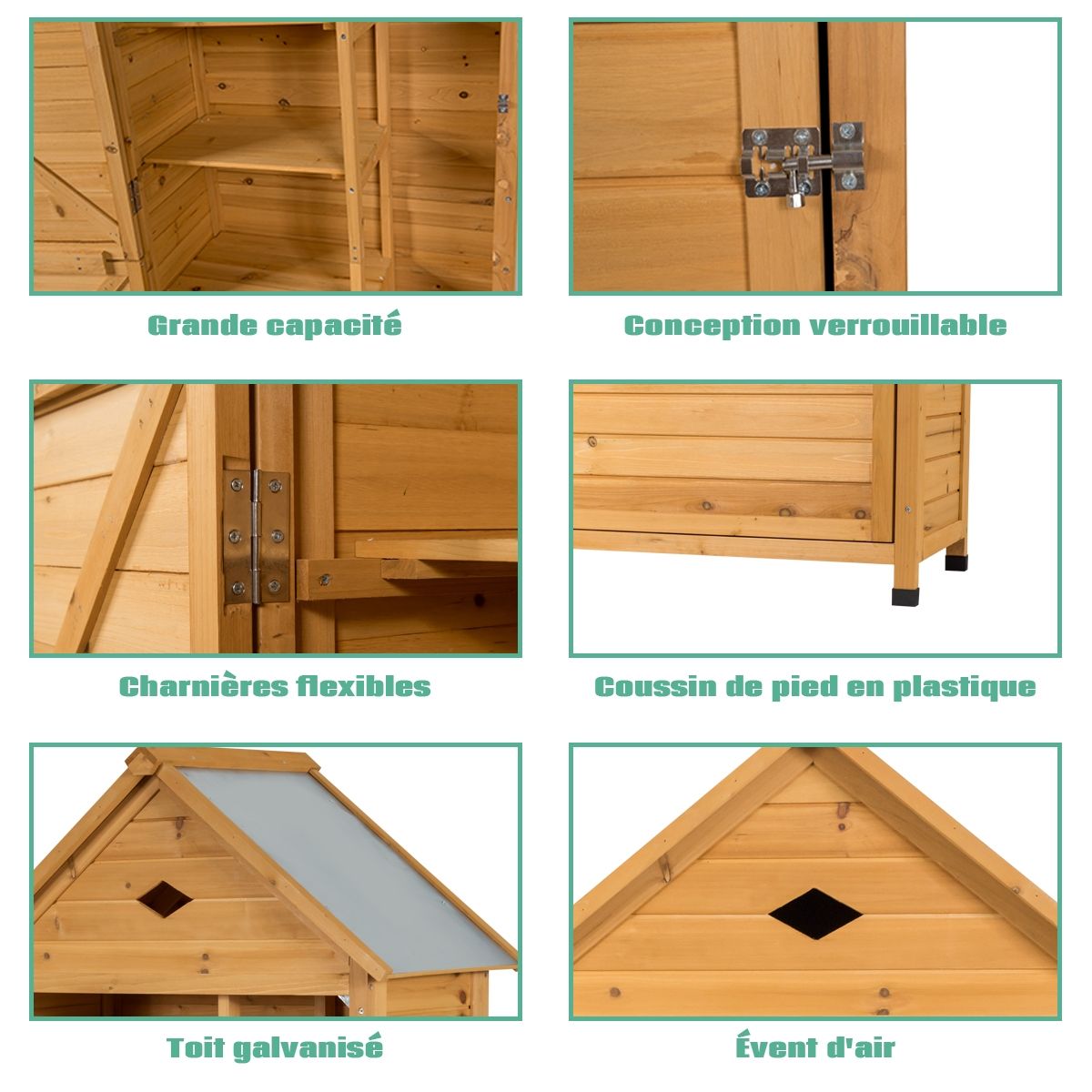 Outdoor Garden Shed with 5 Shelves Lockable Cabin in Fir Wood with Galvanized Sheet Metal Roof -