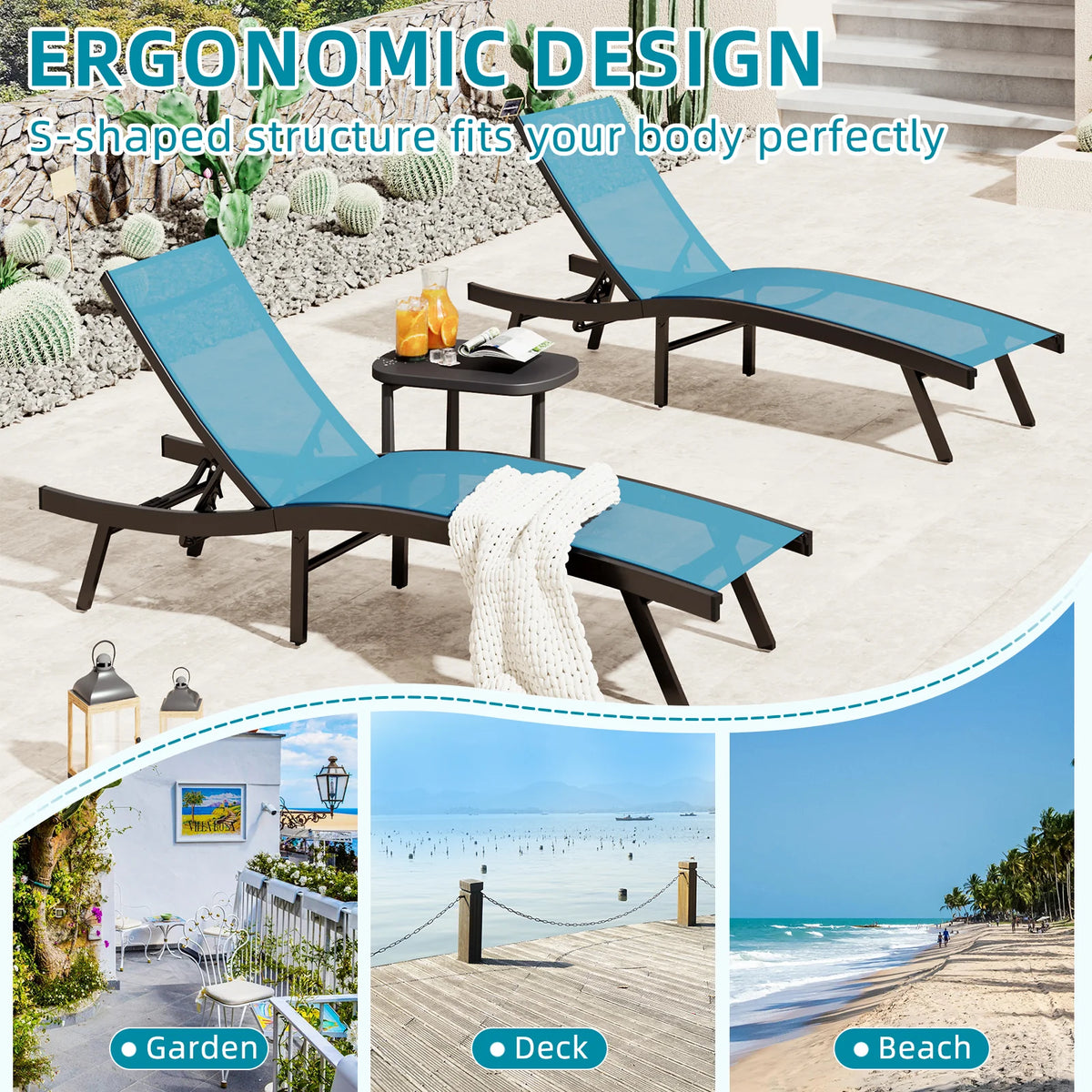 AECOJOY Outdoor Chaise Lounge, All Weather Pool Lounge Chairs Ergonomic Design (Blue, 2 PCs) - Product image 9