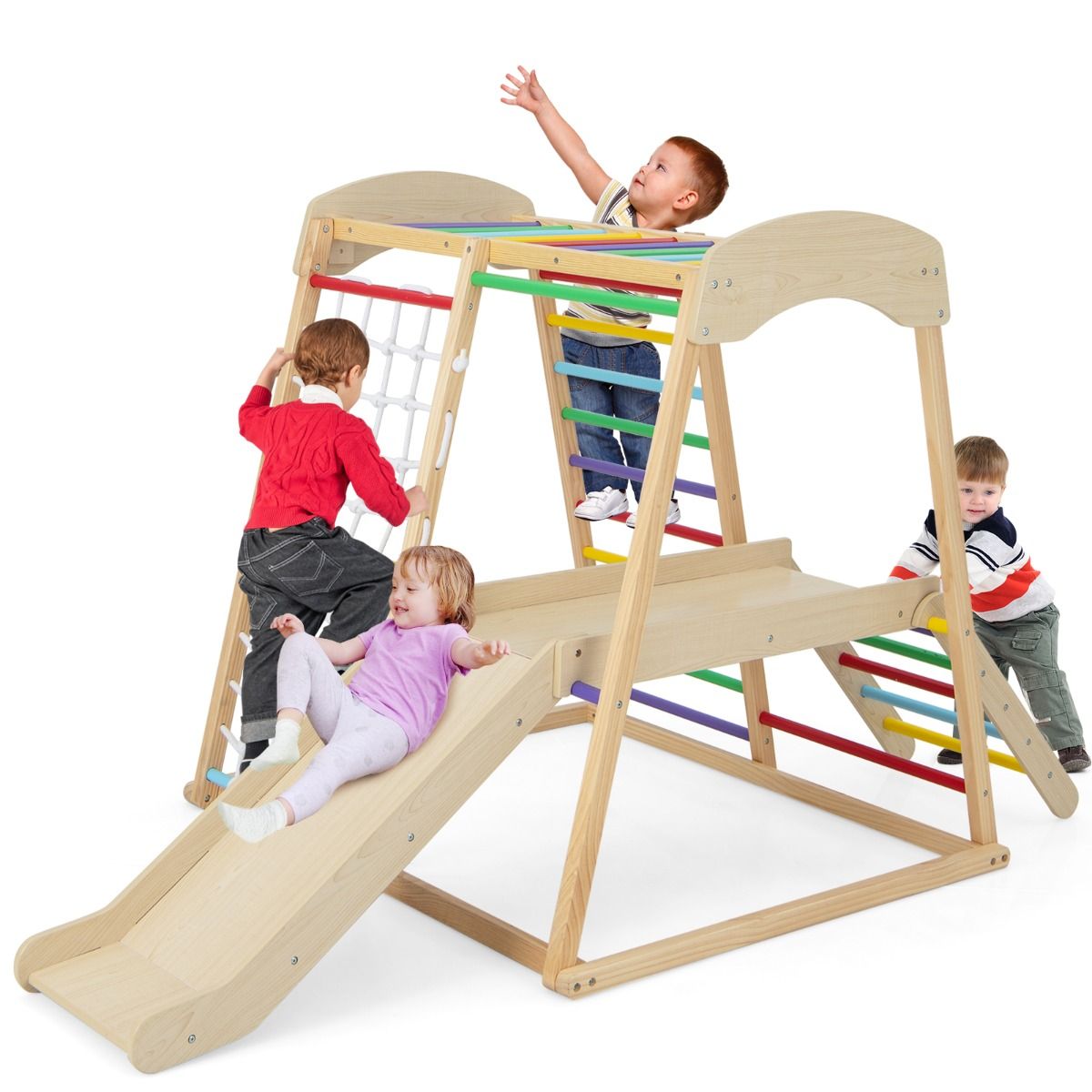 6 in 1 Wooden Climbing Triangle with Slide and Net Bar for Climbing, Crawling and Sliding 1 Year+ Colorful/Natural -