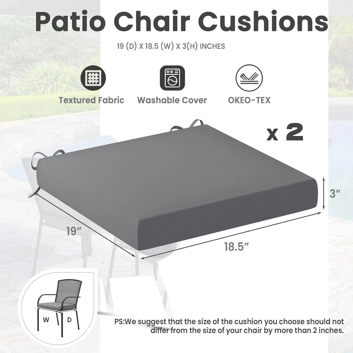AECOJOY Outdoor Chair Cushions, 19 x 19 x 3 Inch Seat Cushions for Patio Furniture - Product image 2