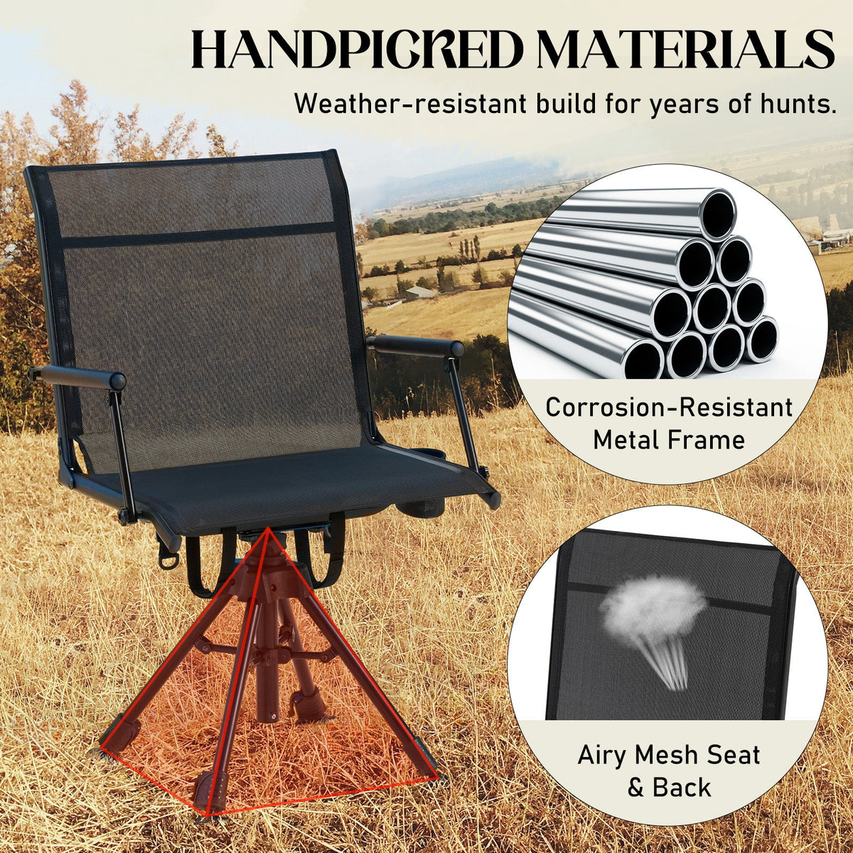 AECOJOY No Cushion Hunting Chair, Durable Metal Frame, Silent Swivel for Outdoor Shooting & Fishing - Product image 7