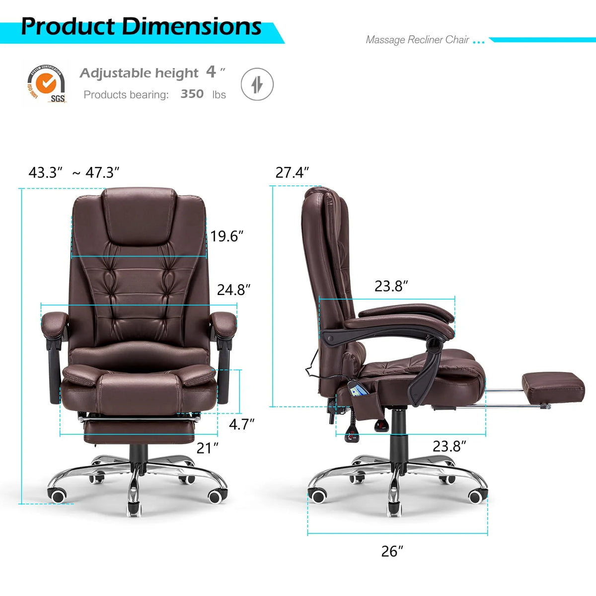 AECOJOY Office Chair with 7 Points Vibration Massage&Heat Functions, Brown Leather with Footrest - Product image 4
