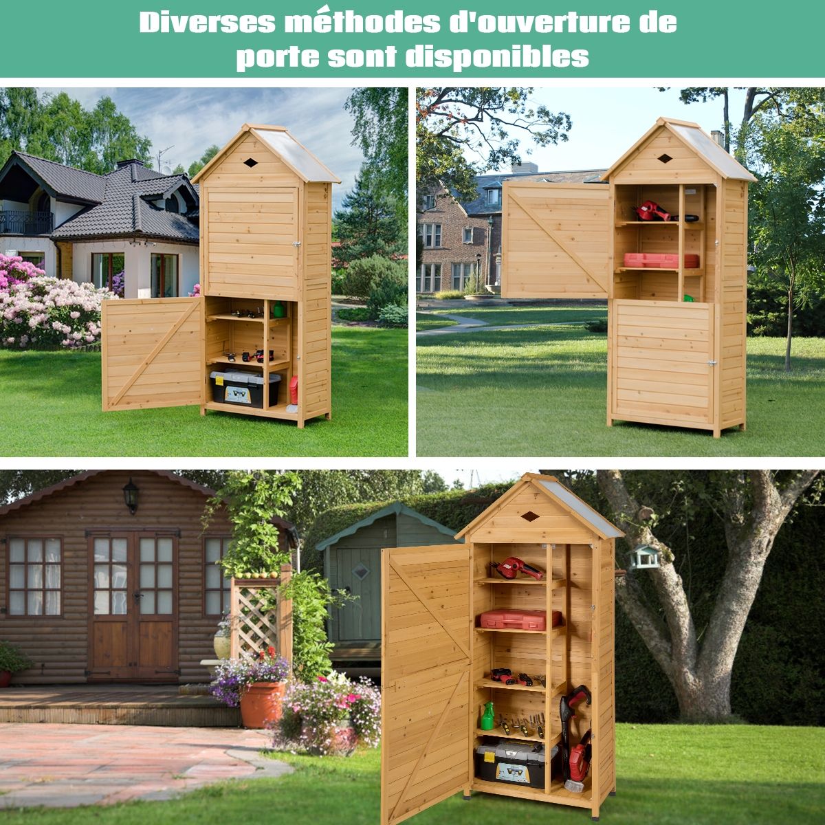 Outdoor Garden Shed with 5 Shelves Lockable Cabin in Fir Wood with Galvanized Sheet Metal Roof -