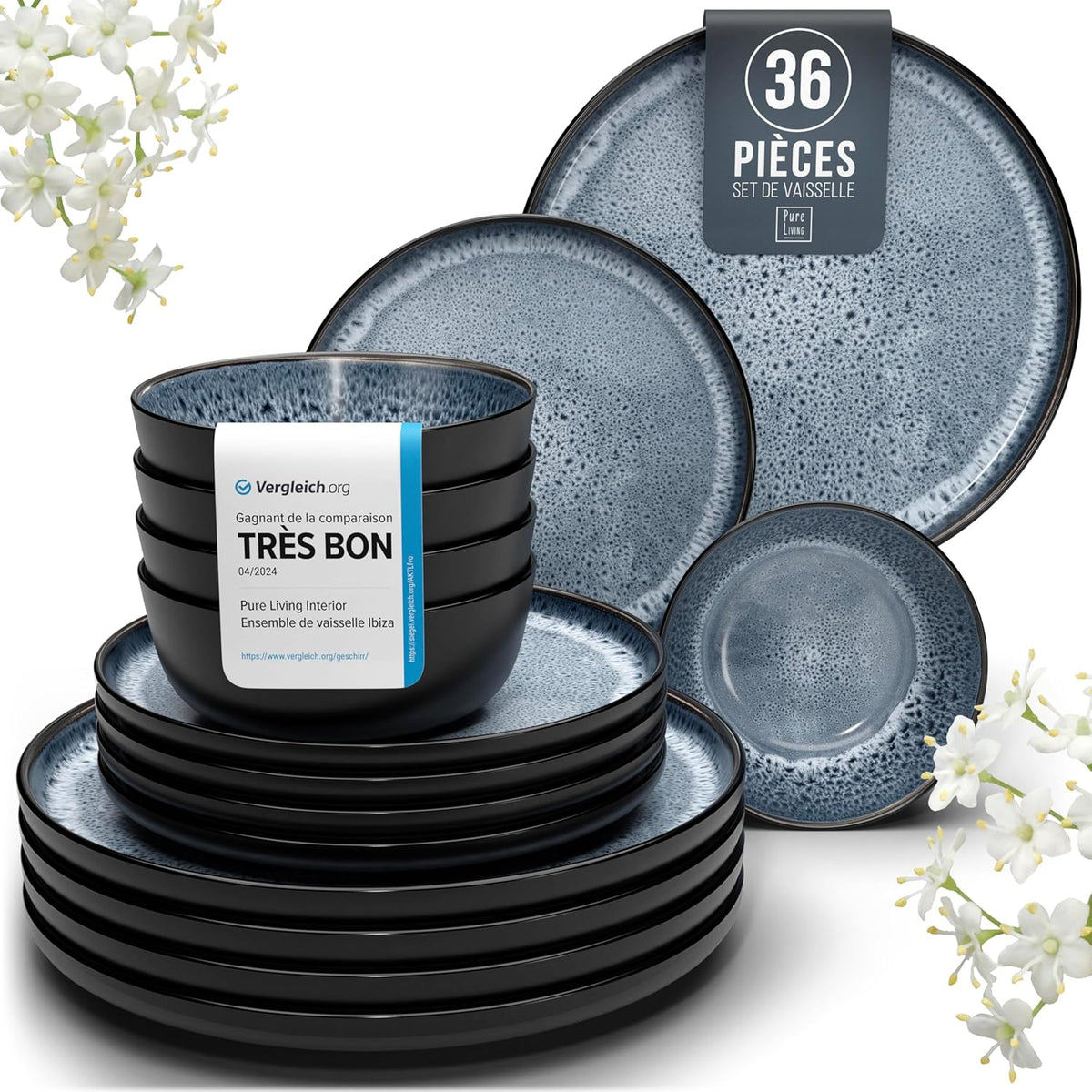 Ibiza Stoneware Dinnerware Set 36 Pieces – Dinnerware Set for 12 People, Dishwasher and Microwave Safe, Pure Living Smoked Blue, Dinner Service Plates