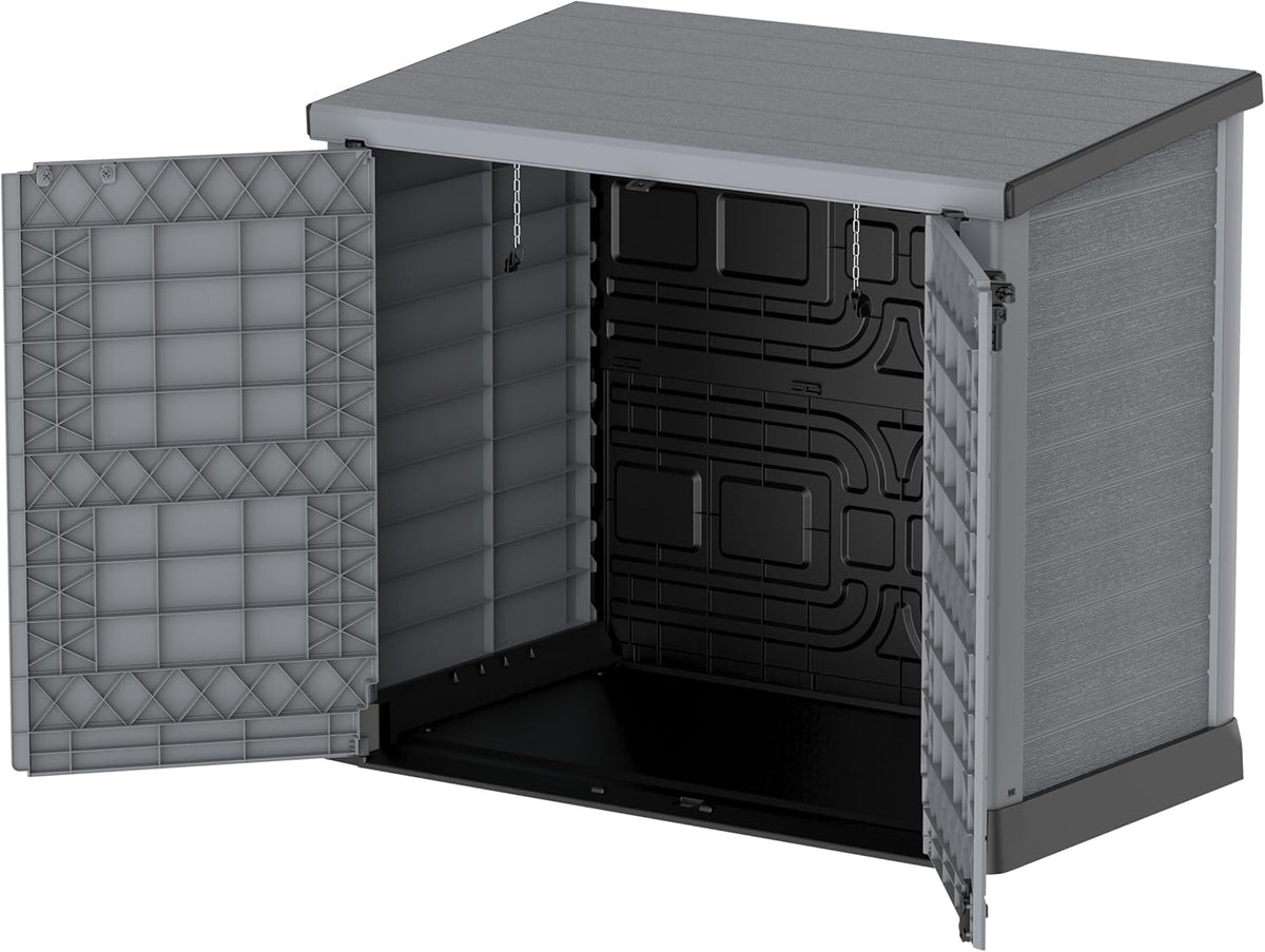 Duramax StoreAway 1200L Plastic Garden Shed/ Flat Lid,Outdoor Storage Shed,Wheelie Bin Hideaways,Wheelie bin box,Durable Construction,Ideal for Bikes,BBQs & 2x 240L Bins,145x85x125 cm,Brown