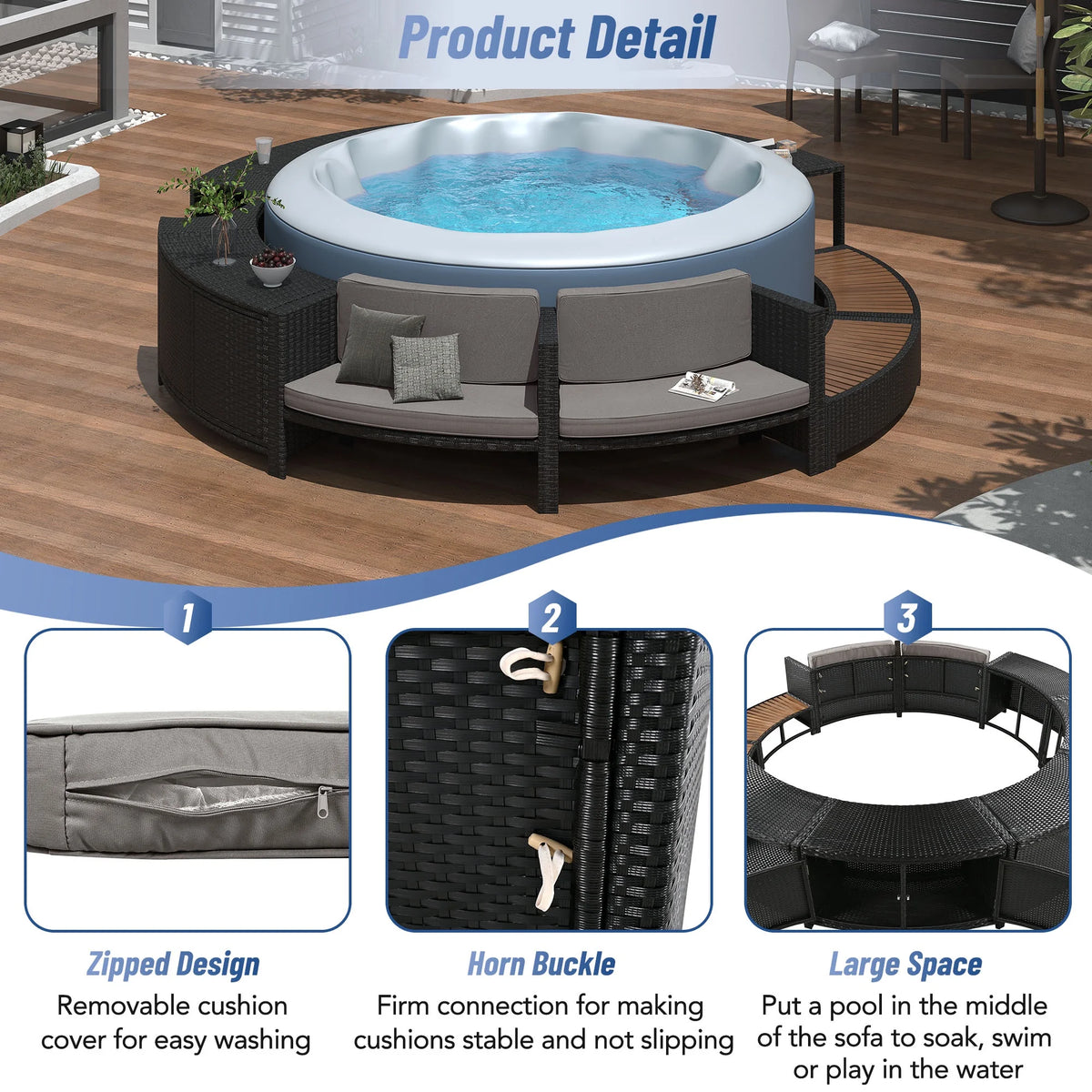Round Hot Tub Surround Furniture, Spa Surround Outdoor Rattan Sectional Sofa Set with Mini Sofa - Product image 6