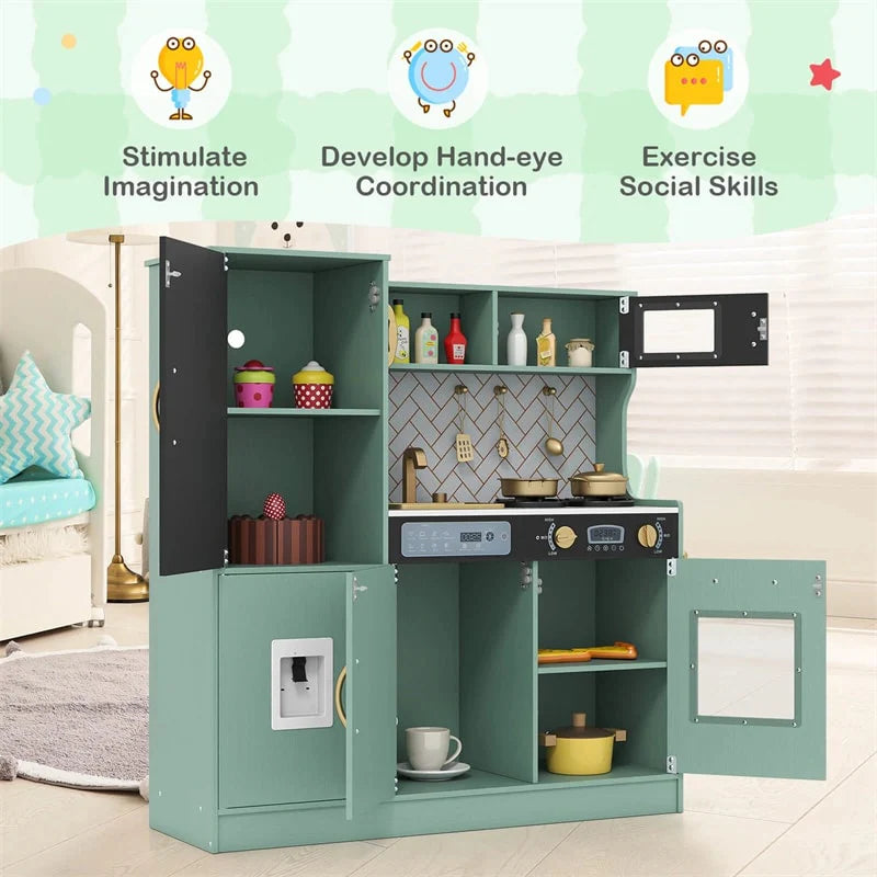 Large Wooden Kids Kitchen Playset, Little Chef Pretend Toy Kitchen Set w/Chalkboard, Microwave - Product image 16