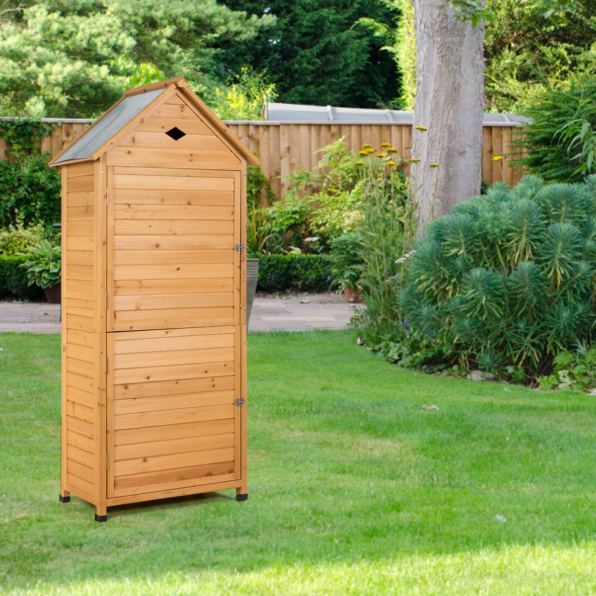 Outdoor Garden Shed with 5 Shelves Lockable Cabin in Fir Wood with Galvanized Sheet Metal Roof -