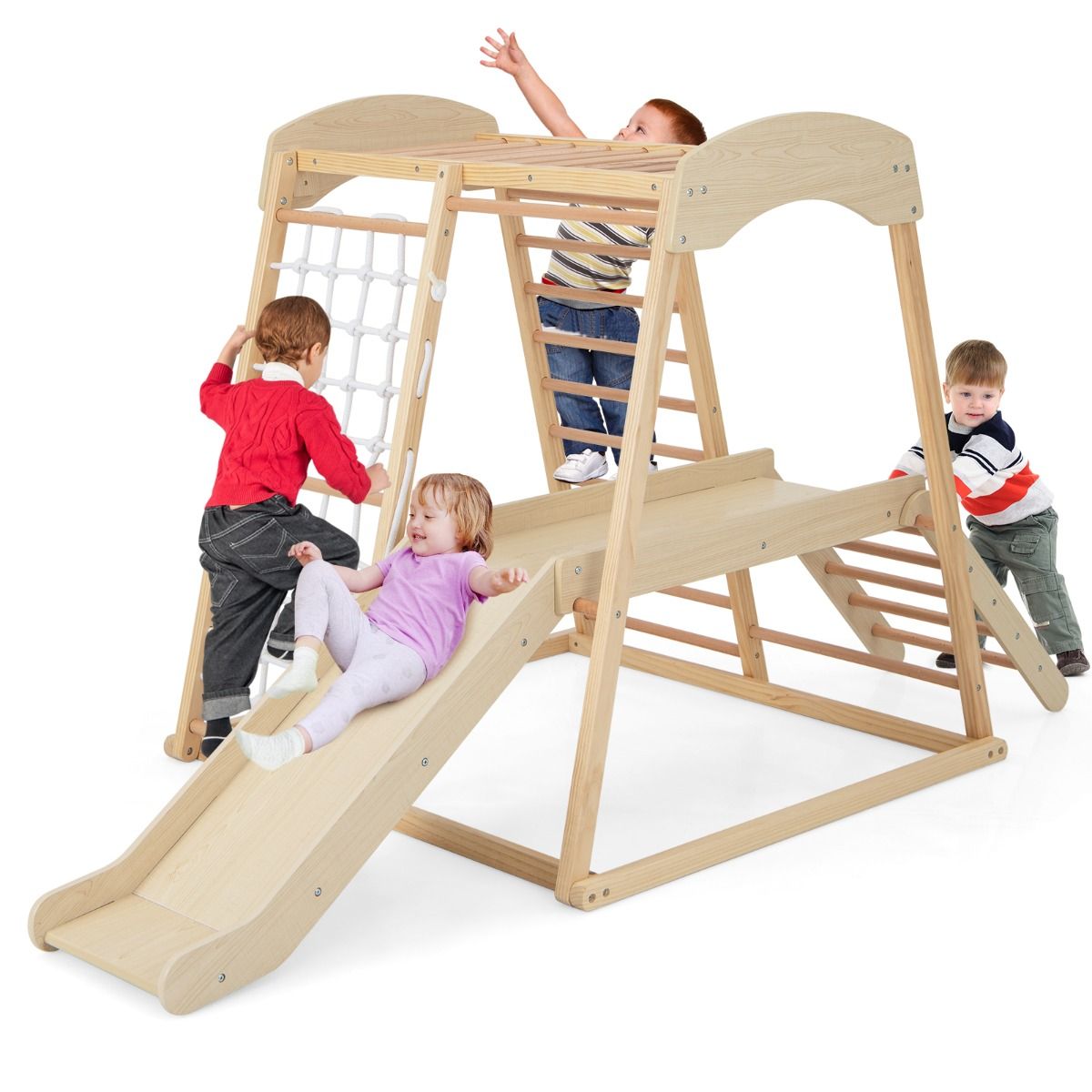 6 in 1 Wooden Climbing Triangle with Slide and Net Bar for Climbing, Crawling and Sliding 1 Year+ Colorful/Natural -