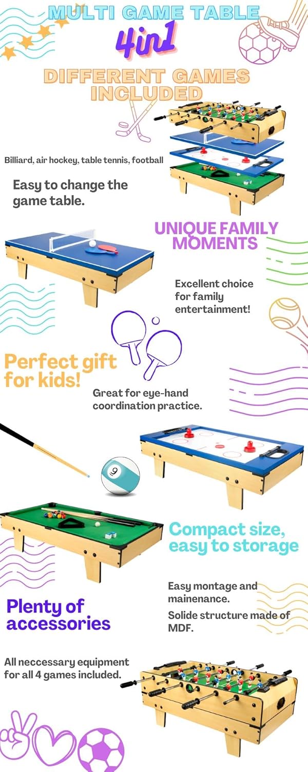 Leomark Table Football Table 4 in 1 Multifunctional Football Game, Billiards, Tenis, Hockey Foosball, Table Football Wooden Table Football Game Small Size Universal