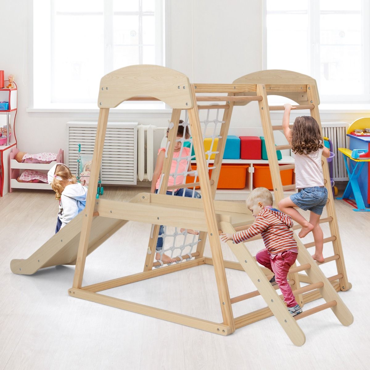 6 in 1 Wooden Climbing Triangle with Slide and Net Bar for Climbing, Crawling and Sliding 1 Year+ Colorful/Natural -