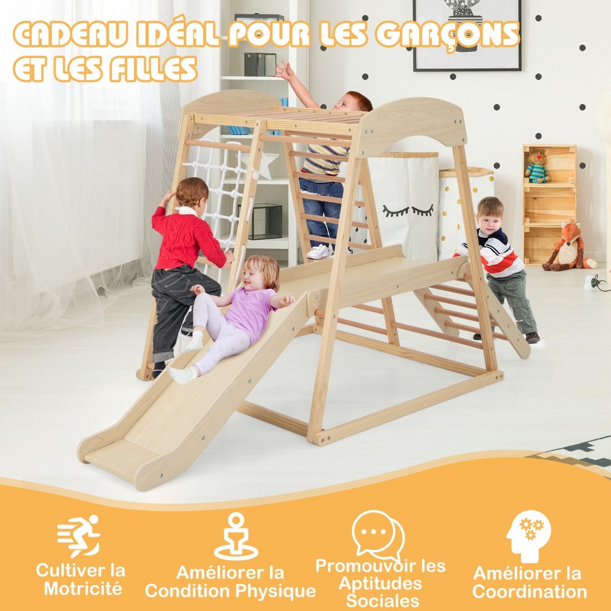 6 in 1 Wooden Climbing Triangle with Slide and Net Bar for Climbing, Crawling and Sliding 1 Year+ Colorful/Natural -