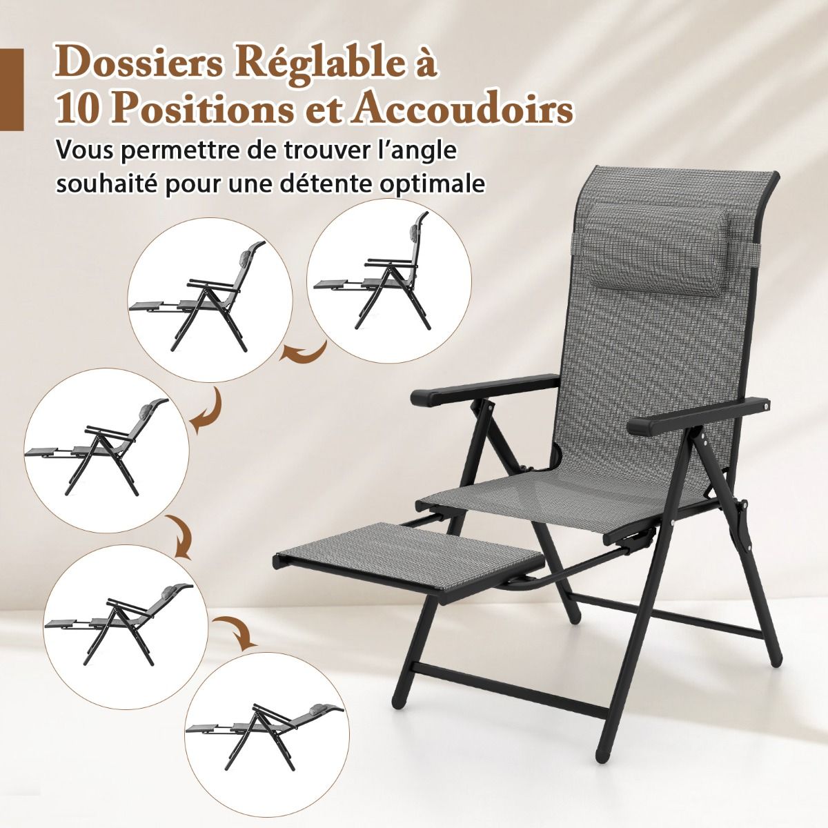 Set of 2 Folding and Reclining Lounge Chairs Adjustable Backrests and Armrests at 10 Levels Retractable Footrest Capacity 150 Kg Gray -
