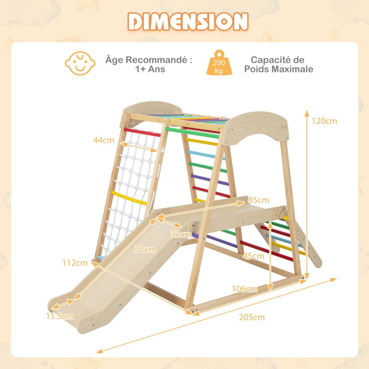 6 in 1 Wooden Climbing Triangle with Slide and Net Bar for Climbing, Crawling and Sliding 1 Year+ Colorful/Natural -
