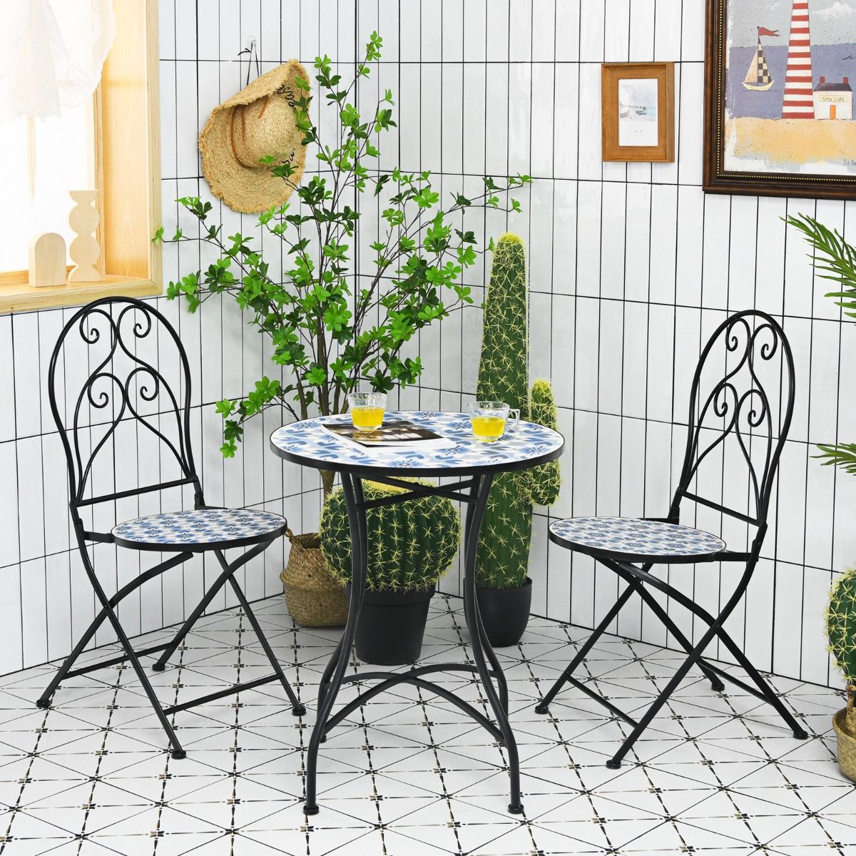 Set of Table and 2 Folding Bistro Chairs for 2 People Design Mosaic Tiles Glued on Cement for Terrace -