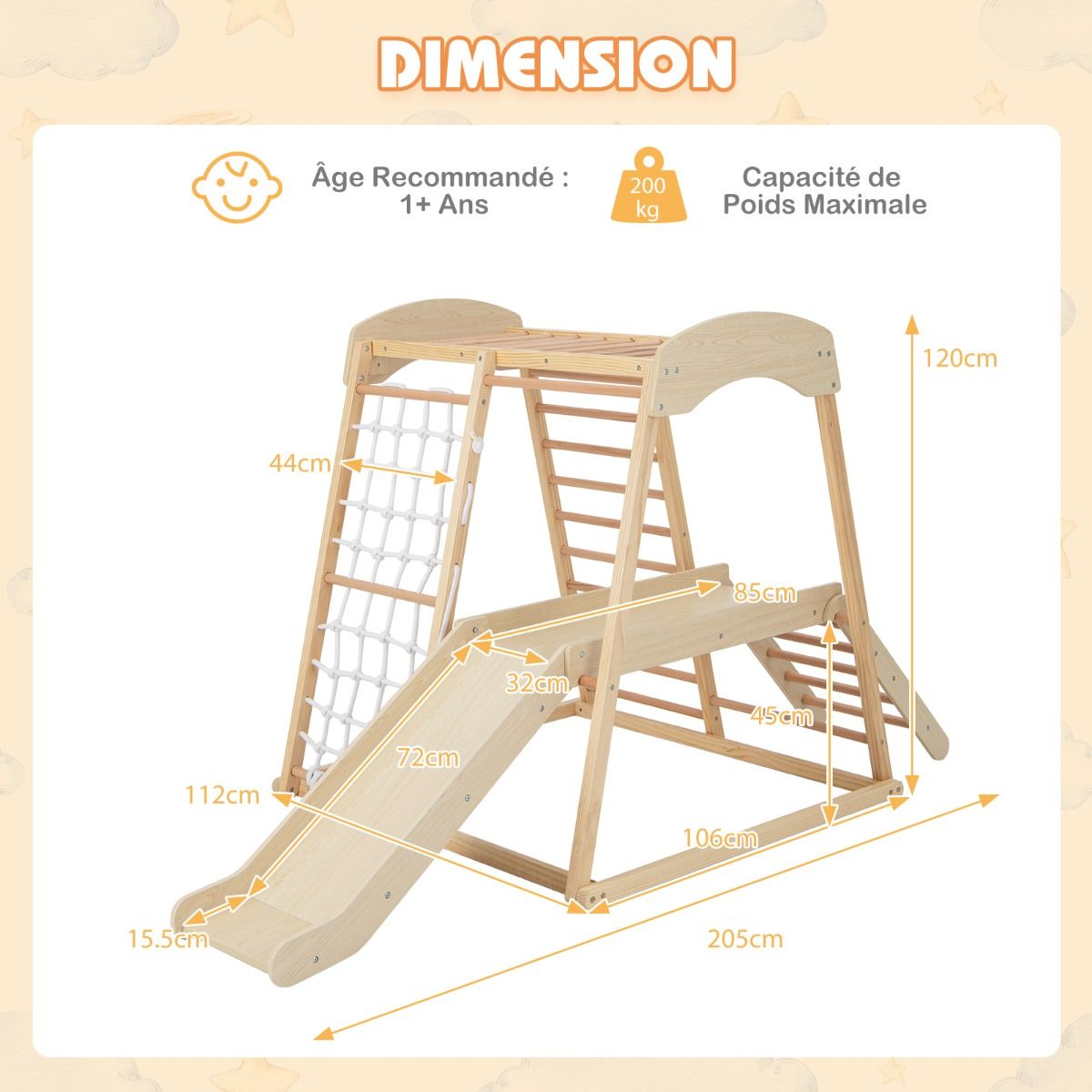 6 in 1 Wooden Climbing Triangle with Slide and Net Bar for Climbing, Crawling and Sliding 1 Year+ Colorful/Natural -