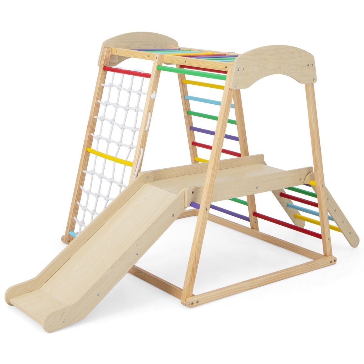 6 in 1 Wooden Climbing Triangle with Slide and Net Bar for Climbing, Crawling and Sliding 1 Year+ Colorful/Natural -