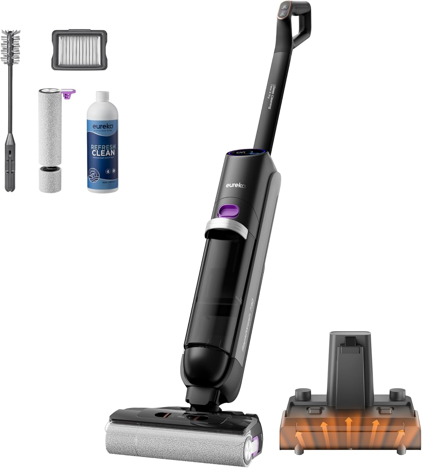 EUREKA RapidWash NEW730 Cordless Vacuum Cleaner, 21600 Pa Suction, 85°C Hot Water Wash, 5 Minutes Hot Air Drying, Anti Tangle 2.0, Flat Design, 40 Mins Uninterrupted Battery Life