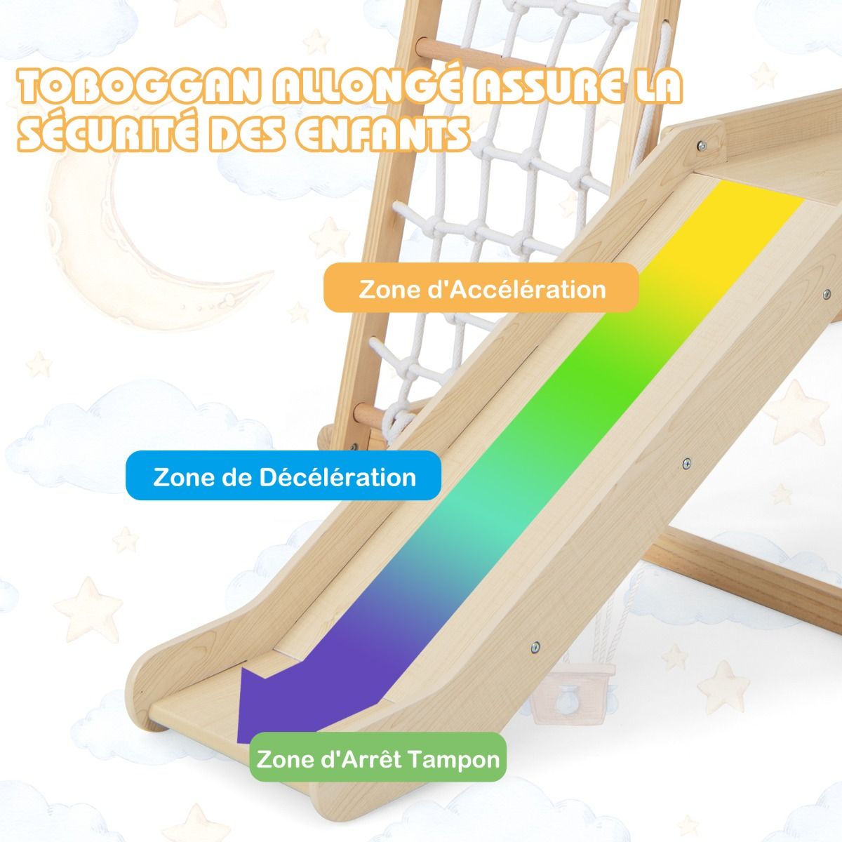 6 in 1 Wooden Climbing Triangle with Slide and Net Bar for Climbing, Crawling and Sliding 1 Year+ Colorful/Natural -