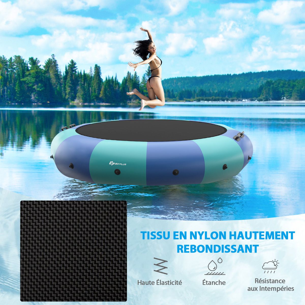 Inflatable Water Trampoline Dia.457cm Capacity of 150kg with Ladder Repair Kit and 500w Electric Inflator Blue -